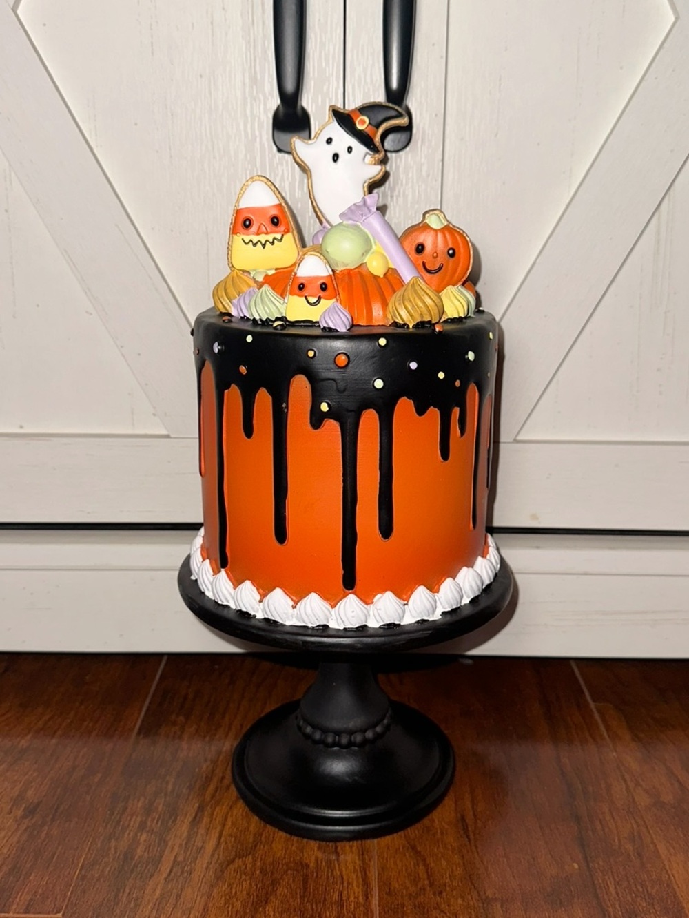 Halloween Orange & Black Drip Cake on Cake Stand Decor